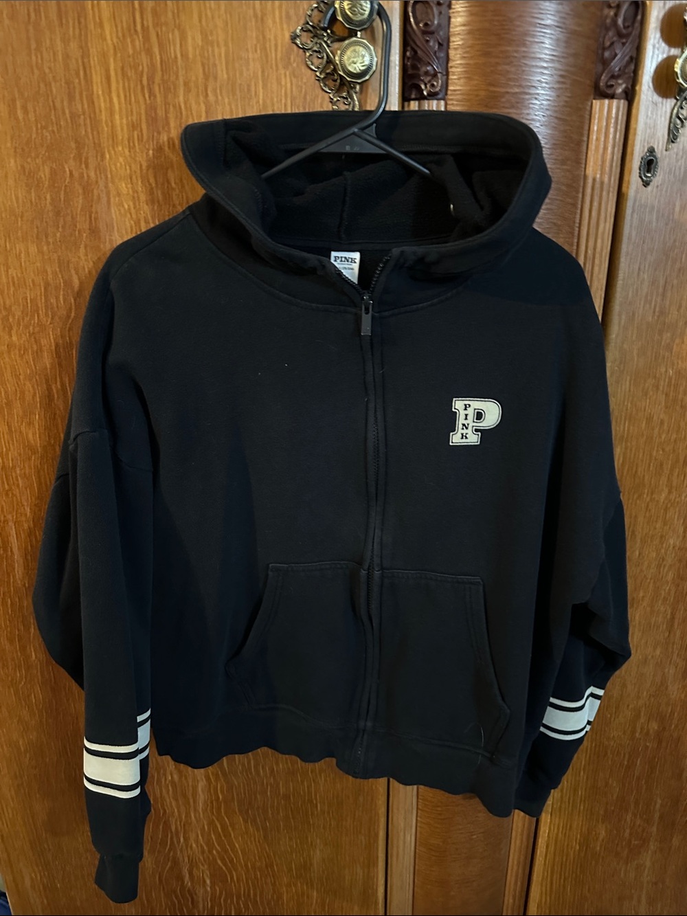 PINK Victoria's Secret Black Hooded Zip Sweatshirt with Stripe Detail